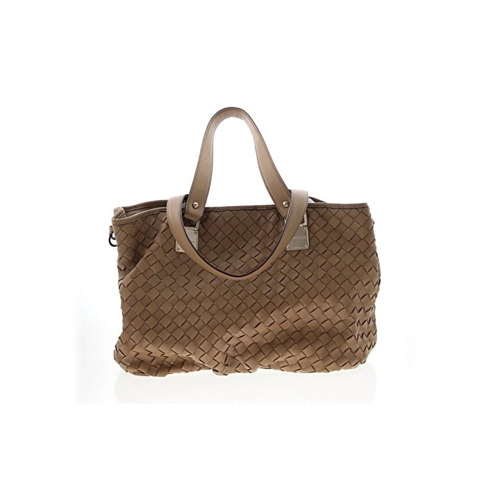 Michael Kors Vtg Woven Leather Tote Bag Taupe Brown Silver Hardware Shoulder Bag